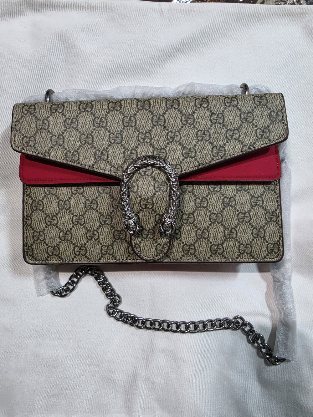 Beige Monogram Shoulder Bag with Red Accent and Silver Hardware